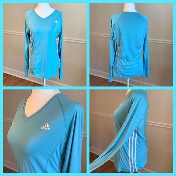 NWOT. ADIDAS V-Neck Long Sleeve Aqua Blue - Picture 2 of 10